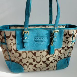 Coach Purse - Teal Suede and Coach Patterned - Signature Series